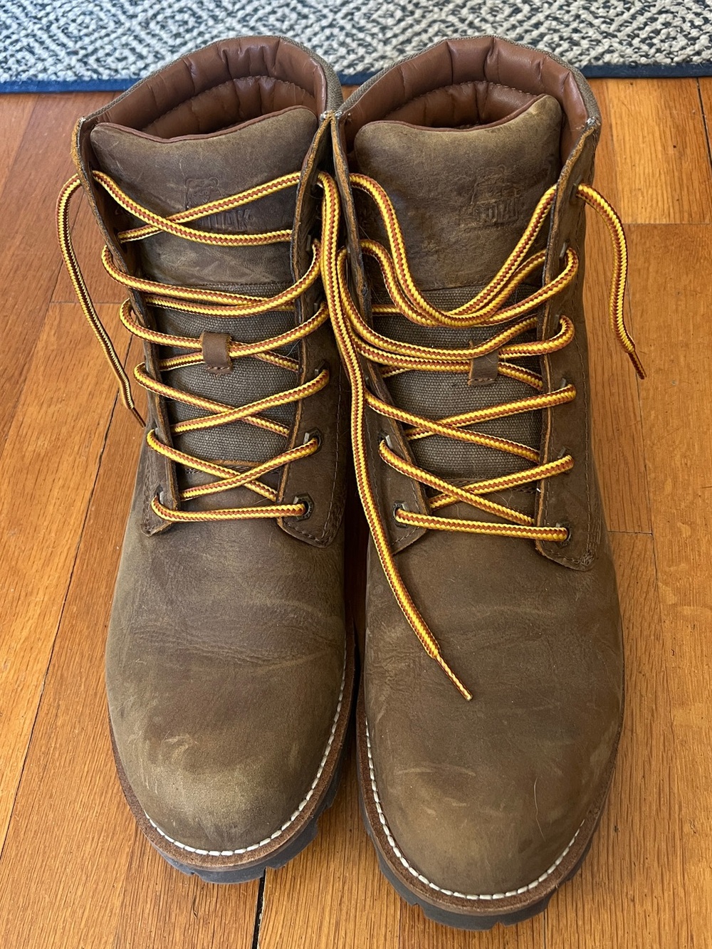 Men's Kodiak Brown Leather Work Boots with Yellow Contrast Laces